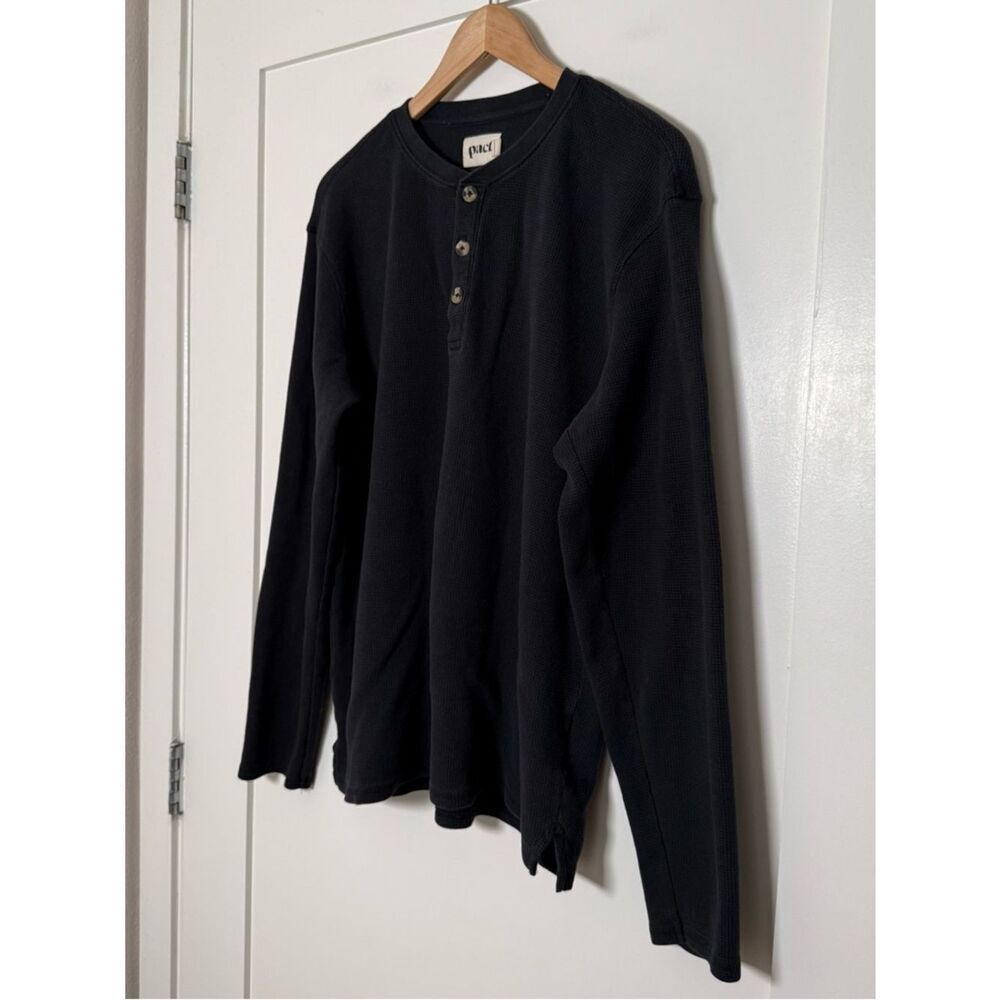 Pact Thermal Waffle Knit Henley Top Mens Sz XL Black Long Sleeve Organic Cotton - Picture 2 of 11